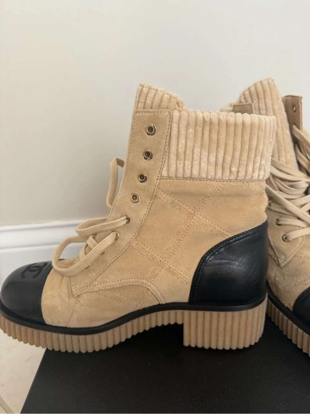 CHANEL Beige Suede and Black Leather Lace-Up Combat Boots